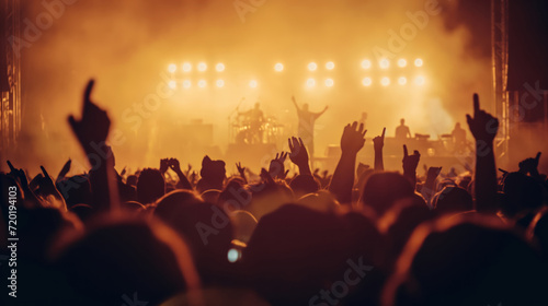 A crowd of music enthusiasts joyfully raise their hands in the air during a lively concert.