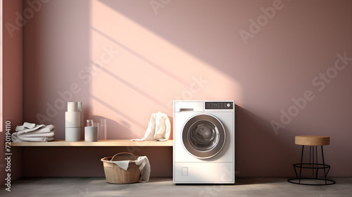 Laundry room design ideas in minimalist style for small apartments, washing machines, clothes, laundry, furniture, home, apartment, design, shelves, plants, sink, towels, AI-generated.