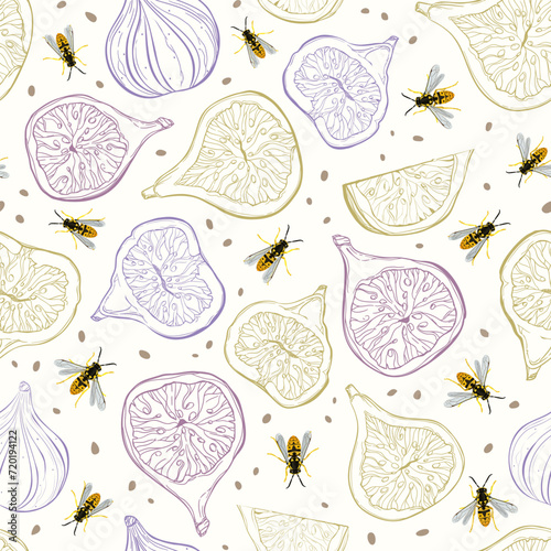 Seamless pattern with outline fig fruits and wasps. 