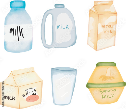 Vector hand drawn watercolor illustration set of milk drinks clipart collection