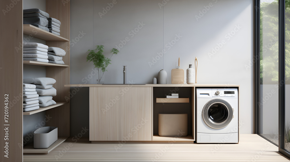 Laundry room design ideas in minimalist style for small apartments, washing machines, clothes, laundry, furniture, home, apartment, design, shelves, plants, sink, towels, AI-generated. Laundry room design ideas in minimalist style for small apartments, washing machines, clothes, laundry, furniture, home, apartment, design, shelves, plants, sink, towels, AI-generated.