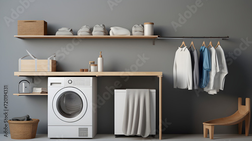 Laundry room design ideas in minimalist style for small apartments, washing machines, clothes, laundry, furniture, home, apartment, design, shelves, plants, sink, towels, AI-generated. © PHAP