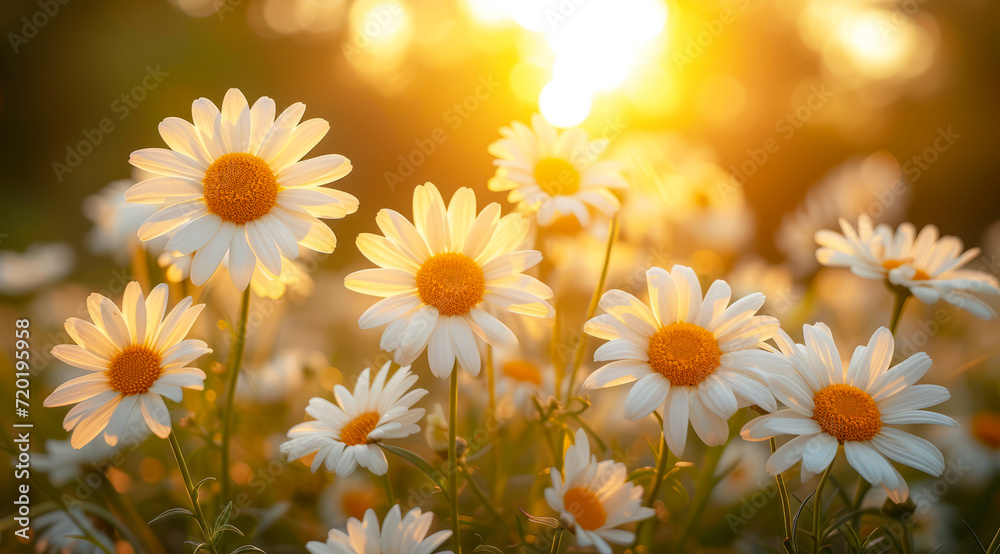 Angelita daisies with a warm golden bokeh effect from the sunset, AI generated. Angelita daisies with a warm golden bokeh effect from the sunset, AI generated.