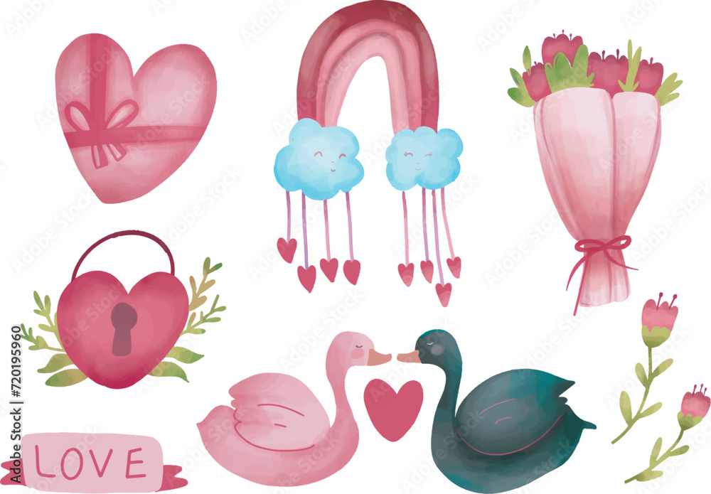 Vector hand drawn watercolor style  illustration set of swans, pink lock, pink rainbow and a bucket of flowers 
