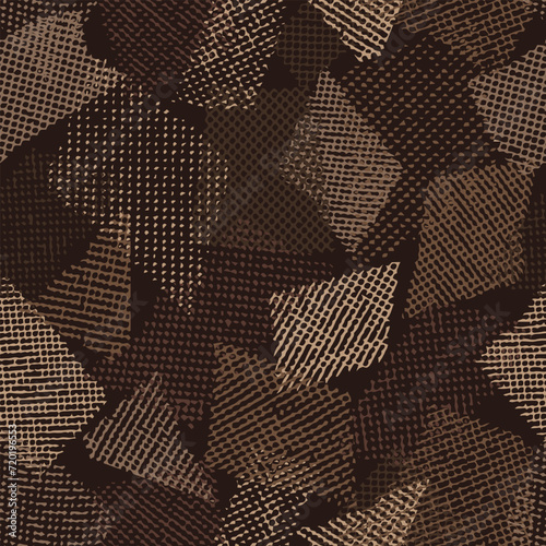 Seamless brown camouflage pattern with random scattered overlapping tulle pieces, patches. Mesh structure. Random composition. For apparel, fabric, textile, sport goods Grunge texture