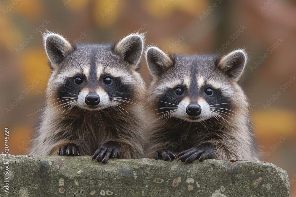 Photo Portrait of two raccoons