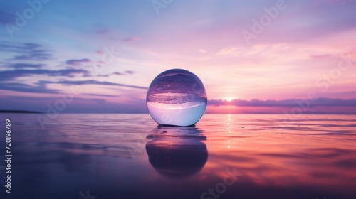 Glass sphere in the water at sunset, calm, meditative, relaxing, mental health, emotional balance, wellness