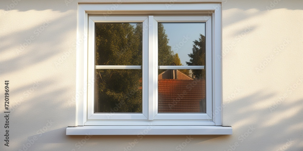 Closed white pvc window, with attached fixing device for ventilation and a curtain in the sun, concept of Natural light Closed white pvc window, with attached fixing device for ventilation and a curtain in the sun, concept of Natural light