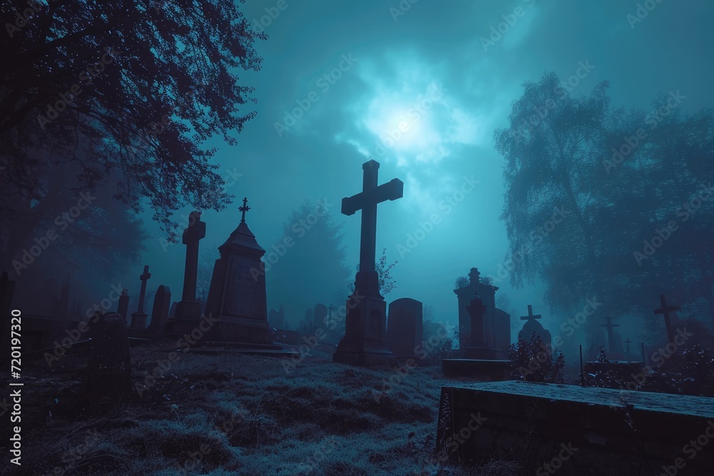 A spooky graveyard at night with tombstones, fog, and ominous moonlight Graveyard At Night Spooky Cemetery A spooky graveyard at night with tombstones, fog, and ominous moonlight Graveyard At Night Spooky Cemetery
