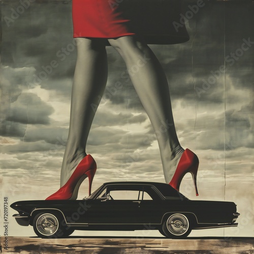 female legs in red shoes, black car