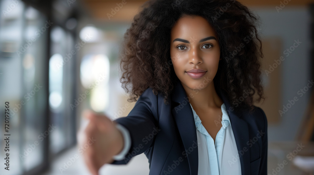 Obraz premium A brunette woman in a suit extends her hand for a handshake. The message is «You're hired at the company» or «I'm pleased to welcome you to our firm».