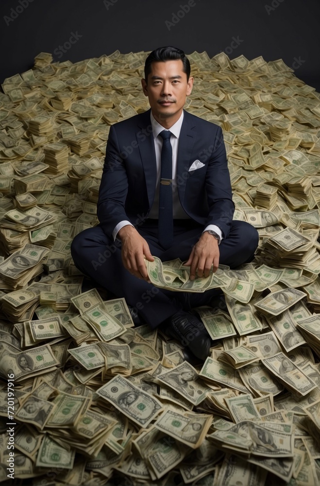 Portrait of a successful business person posing in a suit, completely surrounded by money. Portrait of a successful business person posing in a suit, completely surrounded by money.