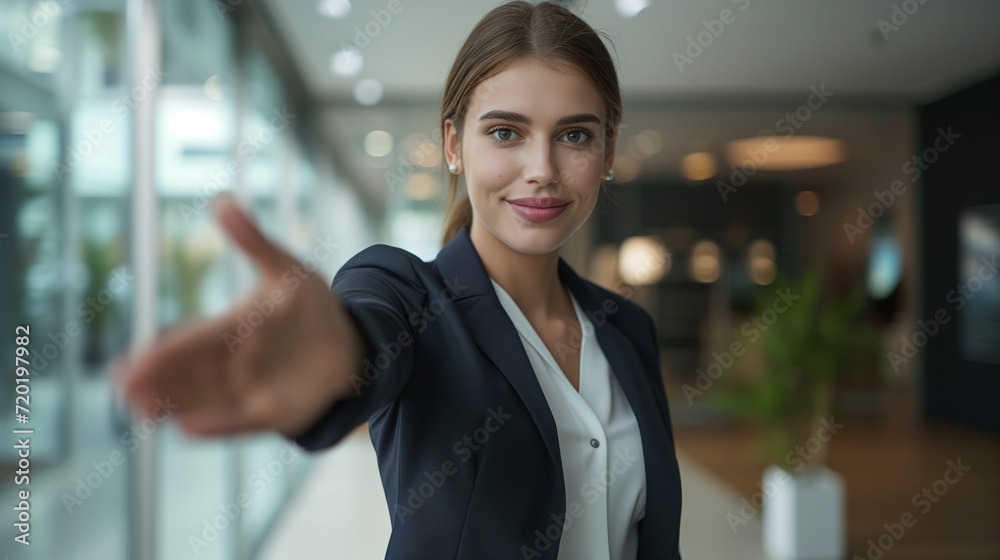 A dark blonde woman in a suit extends her hand for a handshake. The message is «You're hired at the company» or «I'm pleased to welcome you to our firm».