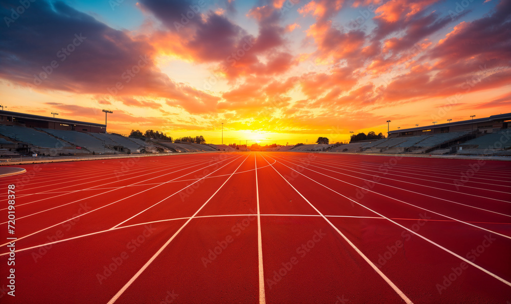 Empty Running Track in Stadium with Vibrant Sunset Sky, Inviting Atmosphere for Sports and Athletics