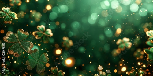 Clovers with golden outlines on a dark green background, shiny texture
