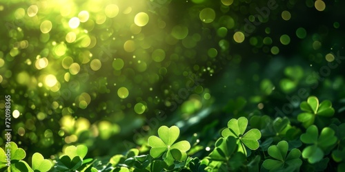 Dark green background with radiant green clovers and festive glow for St. Patrick's Day.
