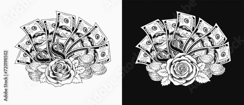 Composition with US 100 dollar bills fan, stacks of coins, dollar sign, rose flower. Cash money. Concept of success and luck. Illustration on black, white background.