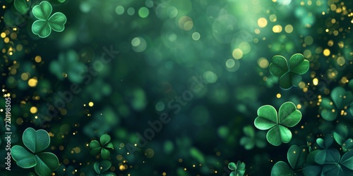 Dark green background with radiant green clovers and festive glow for St. Patrick's Day.