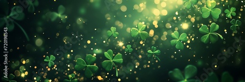 Dark green background with radiant green clovers and festive glow for St. Patrick's Day. photo