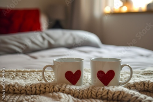 Two Heart-patterned Mugs Sitting on a Bed