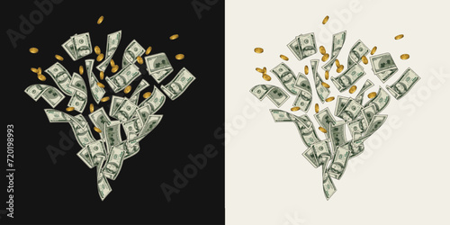 Money dollar composition like fountain, firework with pile of flying apart 100 dollar notes, banknotes, golden coins. Composition, design element in vintage style. photo