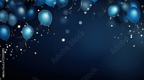 Obraz na płótnie birthday party balloons, Celebration background with golden blue confetti and blue balloons on dark blue background