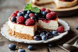 Cheesecake with fresh berries on a metal plate, selective focus. Cheesecake on a background with Copy Space.