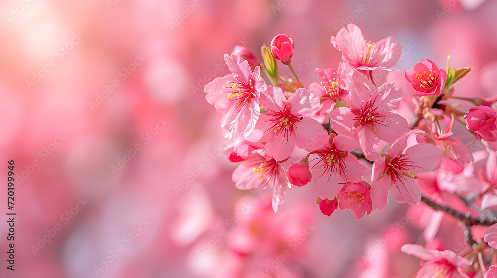A photo of cherry blossoms, with delicate pink petals as the background, during a vibrant spring bloom
