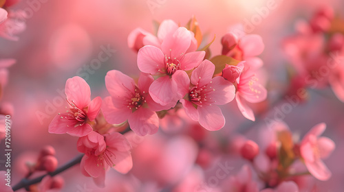 A photo of cherry blossoms, with delicate pink petals as the background, during a vibrant spring bloom