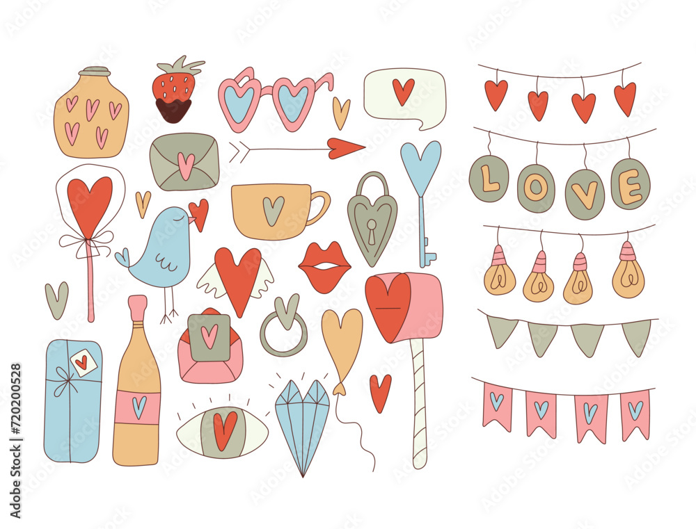 Set of decorative elements for Valentine's day for your design. Hearts, balls, candies, birds, letters, flags. Sticker pack. Isolated elements on a white background. Doodle. Hand drawn. 