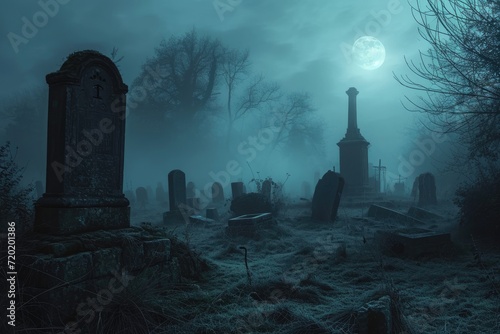 A spooky graveyard at night with tombstones, fog, and ominous moonlight Graveyard At Night Spooky Cemetery