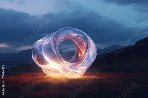 Luminous abstract sculpture in a natural landscape at dusk. Generative AI image