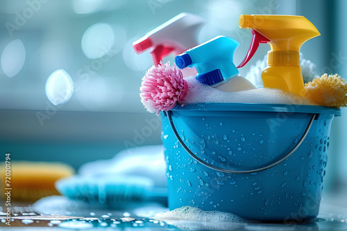 Close-up of Cleaning Products in a Blue Bucket
