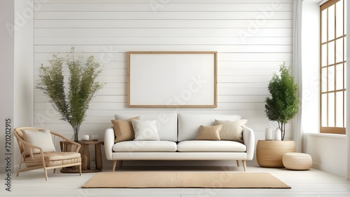 Minimalist farmhouse living room with blank frame mockup on white wooden wall paint... Generative AI © Alex