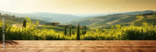 empty wooden table with a landscape overlooking a vineyard.   for display or montage your products. 
