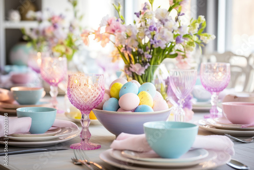 Beautifully decorated Easter breakfast or dinner table with flowers, pastel crockery and colored Easter eggs