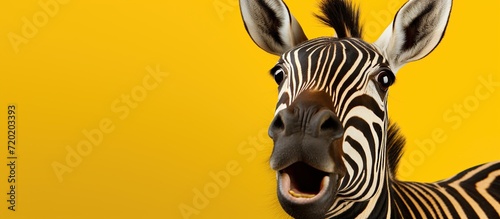 Close up of a zebra's face on a yellow background 