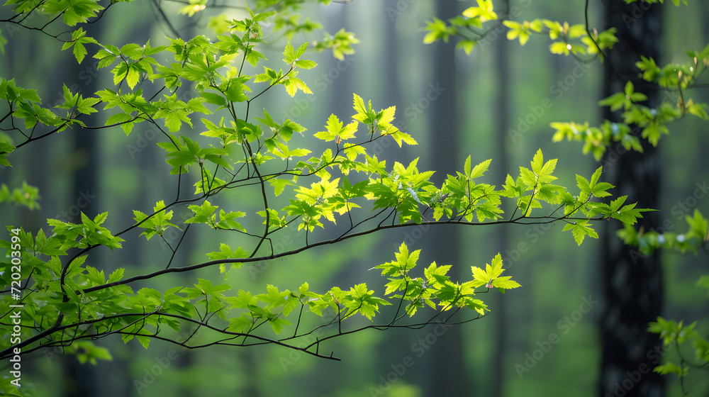 A maple forest, with fresh green leaves as the background, during the awakening of spring A maple forest, with fresh green leaves as the background, during the awakening of spring