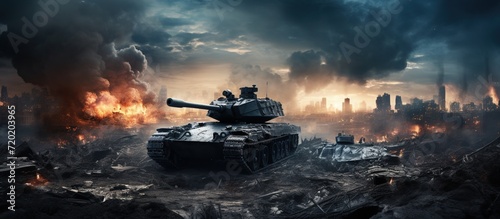 Tanks on battlefield, war machines in the conflict zone with fire and smoke clouds. 3d illustration.