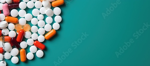 Top view with copy space, medicine bottle and scattered pills on color background