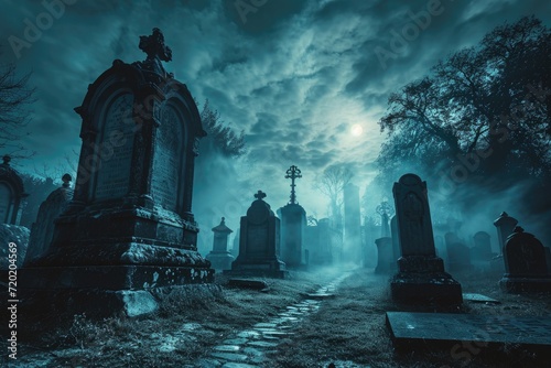 A spooky graveyard at night with tombstones, fog, and ominous moonlight Graveyard At Night Spooky Cemetery © PinkiePie