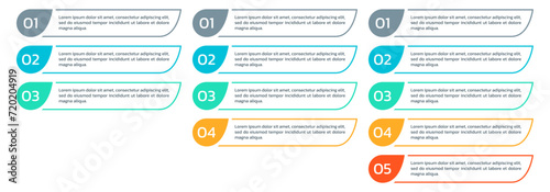 Info graphic template set with 3,4,5 steps or options. List diagram, chart with five levels. Business infographic, presentation, modern layout design with vertical elements. Vector illustration.