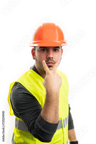 Constructor man making eye-contact gesture as supervisor concept © Thunderstock