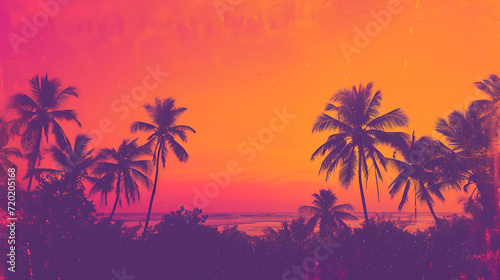 Tropical sunset gradient with rich oranges, pinks, and purples, featuring a grainy texture for a beach party poster.  © Simo