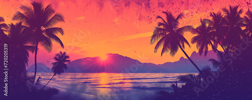 Tropical sunset gradient with rich oranges, pinks, and purples, featuring a grainy texture for a beach party poster.  © Simo