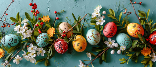 Happy Easter Easter Eggs in Spring Unique colored Eggs Trendy Realistic Easter Greeting Card Banner Modern Graphic Concept Wallpaper Digital Art Magazine Background Poster Card © Korea Saii