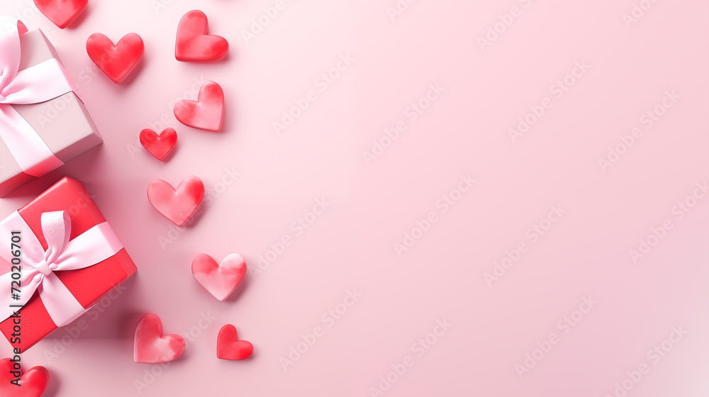 Valentine's Day background. Top view Kraft gifts and red and pink color heart. Hearts of paper and gift box on textured background for Valentine's Day. Background for Valentine's Day