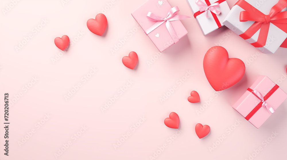 Valentine's Day background. Top view Kraft gifts and red and pink color heart. Hearts of paper and gift box on textured background for Valentine's Day. Background for Valentine's Day