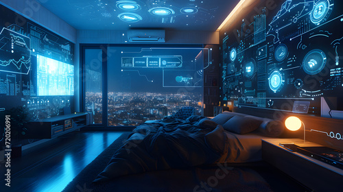 Cinematic photograph of home bedroom filled with energy-filled data visualization. selective focus icons. AI. Smart spaces.