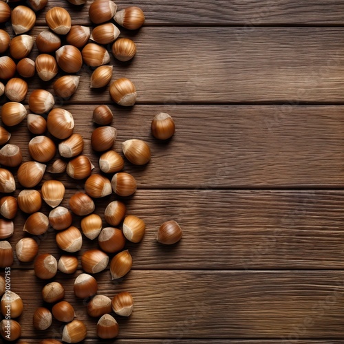 Hazelnuts spilled on light wood table, overhead view, bright light, realistic photo, high details